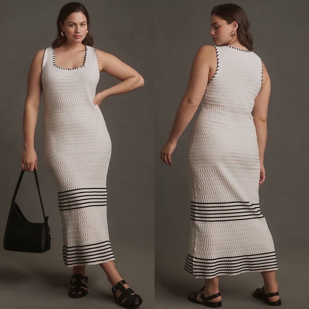 Anthropologie The Aimee Slim Ribbed Knit Midi Dress in White Size XL - Picture 12 of 12